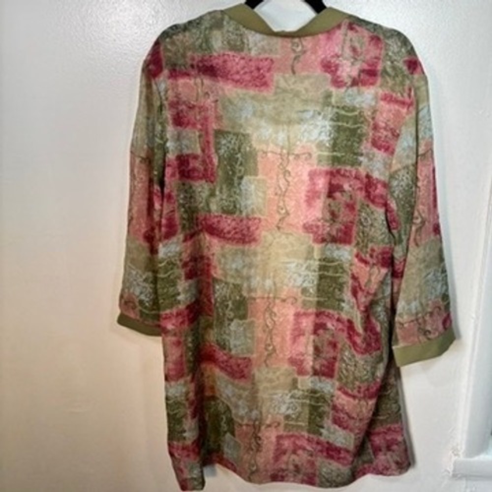 Miss Derby‎ Open Front Cardigan Women Sz L Pink Green Abstract Sheer Layering - Picture 5 of 8
